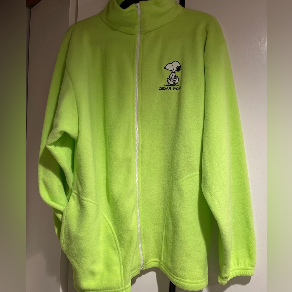 Vintage 1990s Cedar Fair/Point Fleece Jacket Snoopy Neon Green Large Made in USA